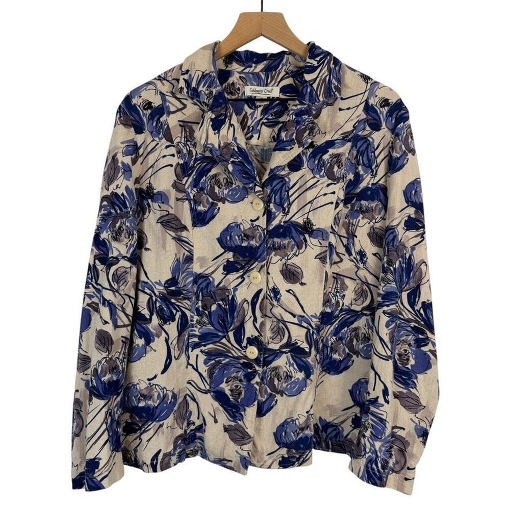Coldwater Creek Linen Blend Blazer Jacket Cream Blue Purple Floral 1X Summer